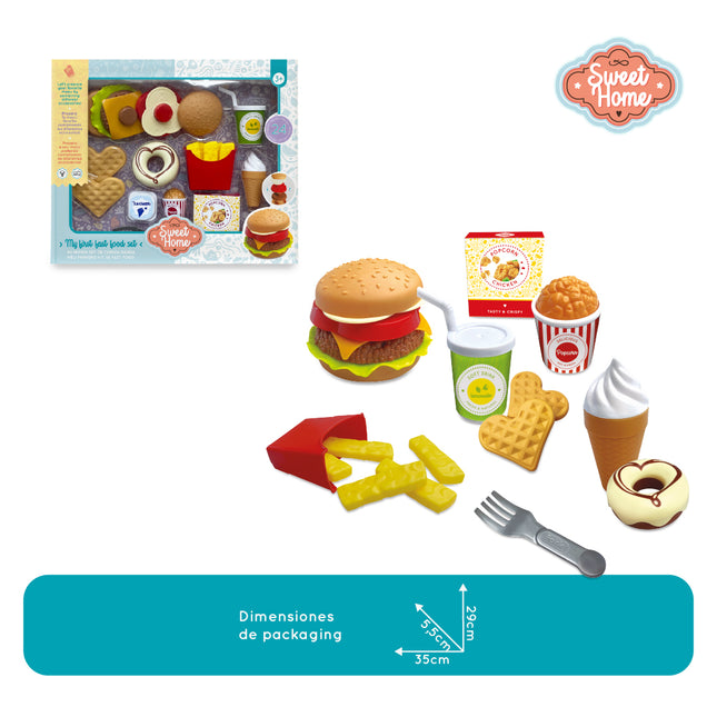 Set de comida rápida de juguete. Incluye accesorios para hamburguesas, papas y otros alimentos.