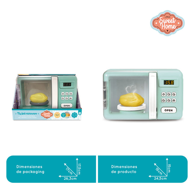 Microondas de juguete con luz, sonido, botón de prueba y función de cambio de color en la comida.
