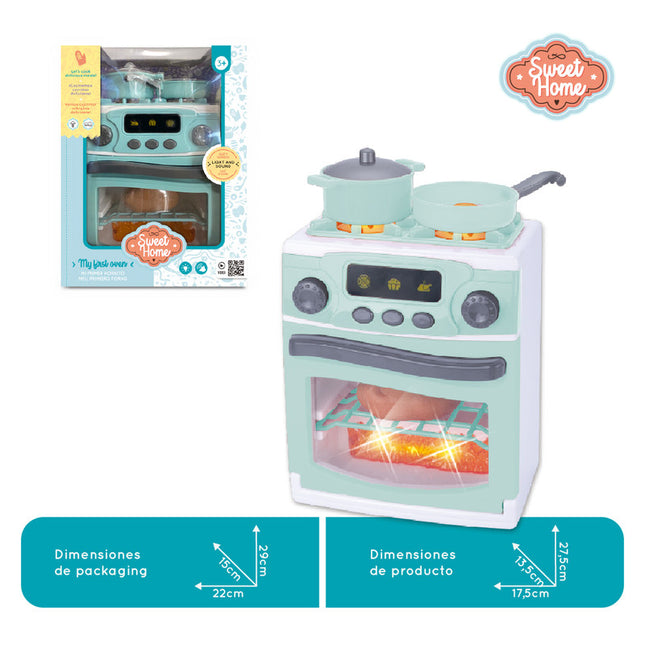 Horno de juguete con luz, sonido y 7 accesorios incluidos.