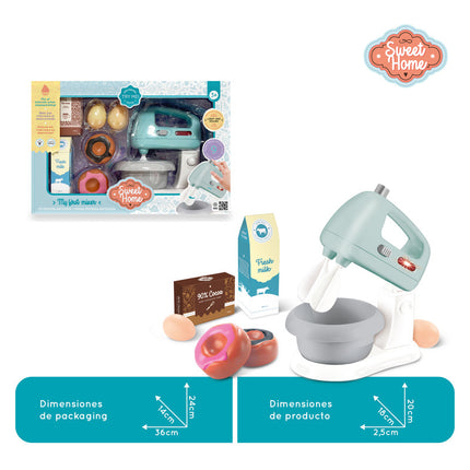 Set de cocina con batidora, luz, sonido real, botón de prueba y 7 accesorios incluidos.