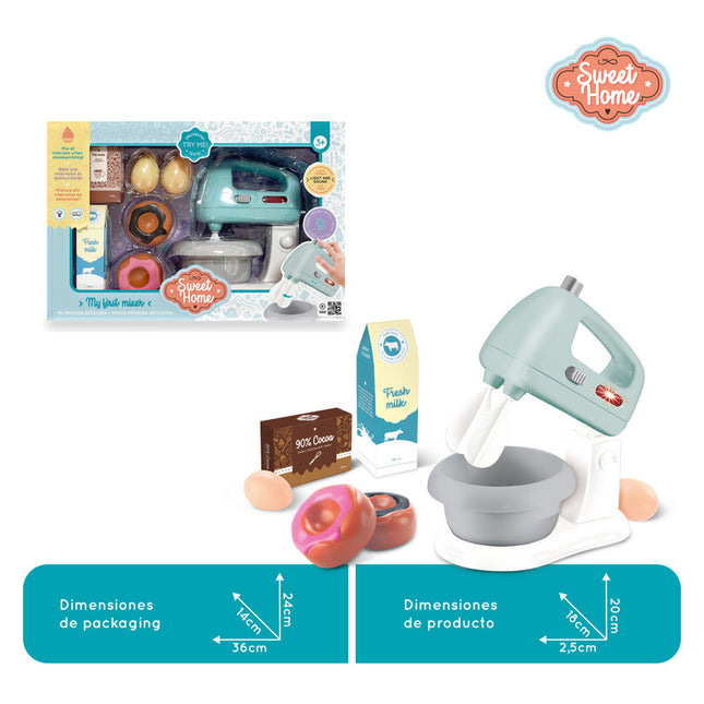 Set de cocina con batidora, luz, sonido real, botón de prueba y 7 accesorios incluidos.