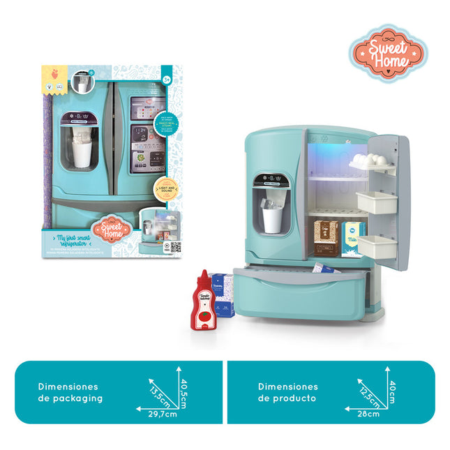 Refrigerador inteligente de juguete con función de hielera, simulación de vapor frío, luz, sonido y 8 accesorios incluidos.