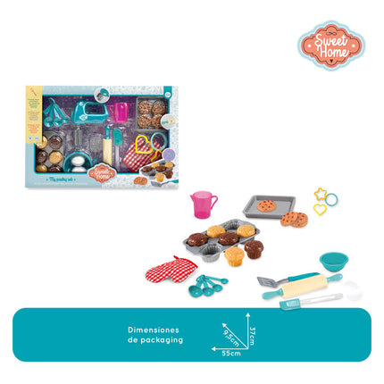 Set de pastelería de juguete con batidora mecánica, uslero giratorio, espátula, guante y 25 accesorios.