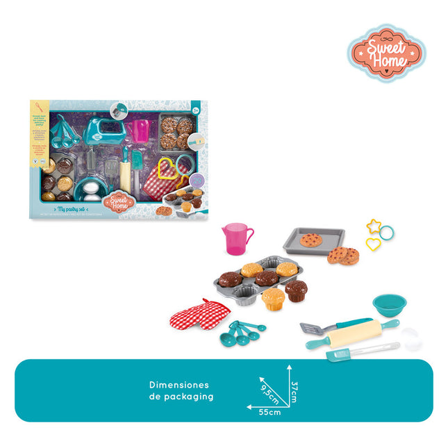 Set de pastelería de juguete con batidora mecánica, uslero giratorio, espátula, guante y 25 accesorios.