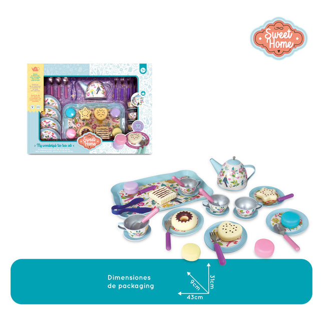 Set de té de lata con 32 accesorios.