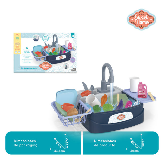 Lavamanos de juguete con función de agua en circulación. Incluye 26 accesorios para un juego realista de lavado.