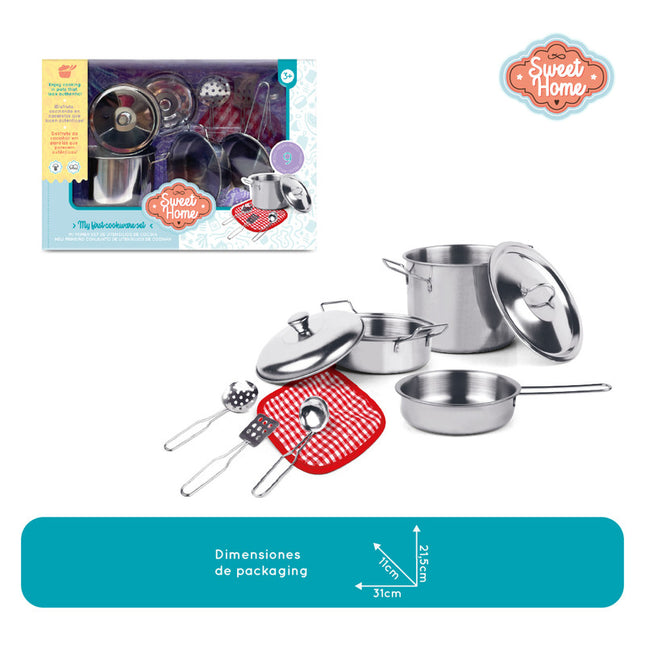 Set de cocina en acero inoxidable. Incluye 9 accesorios de juguete.