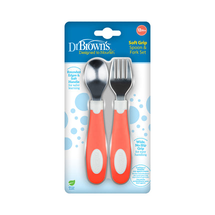 Set Tenedor y Cuchara agarre suave 12M+, Coral/Blanco