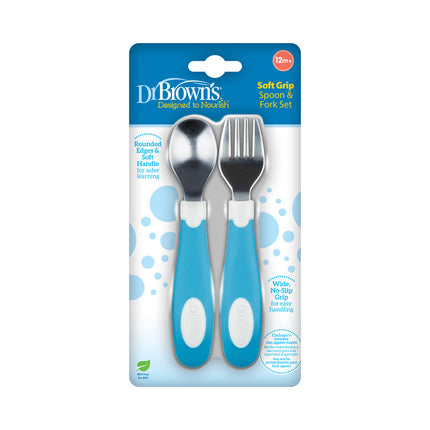 Set Tenedor y Cuchara agarre suave 12M+, Azul/Blanco