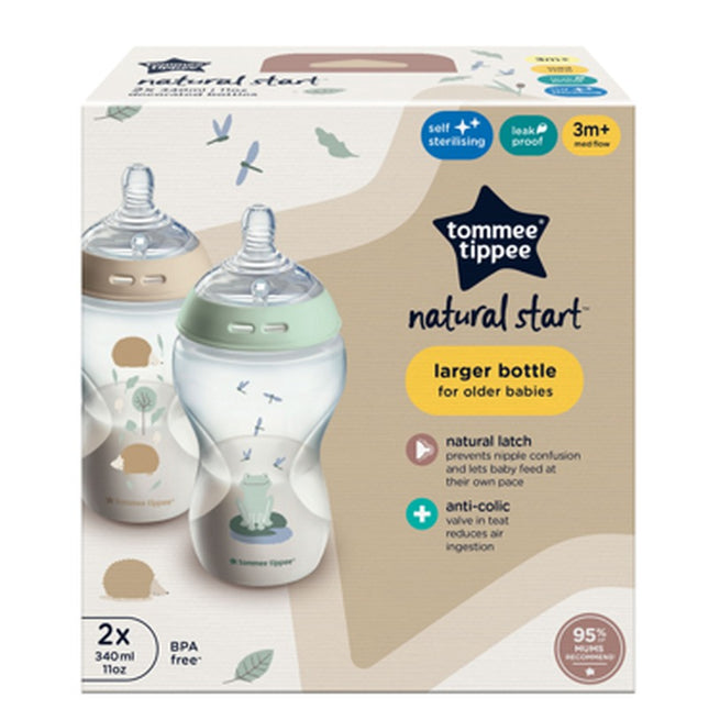 Set 2 mamaderas 340ml Natural Start Diseño Ranitas Color Beige/Verde 3 meses+