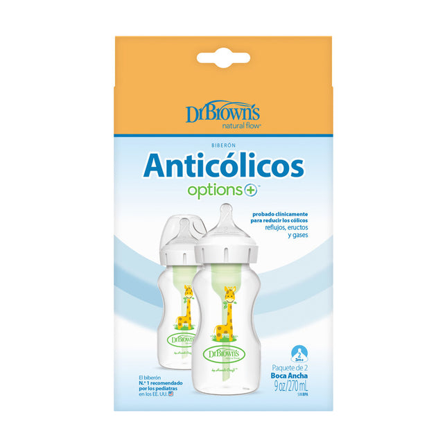 Pack 2 Mamaderas Anticólico Boca Ancha 270ml con Tetina 3M+, Jirafa
