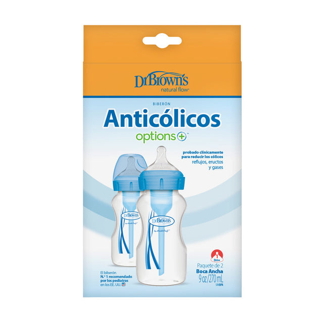Pack 2 Mamaderas Anticólico Boca Ancha 270ml Azul