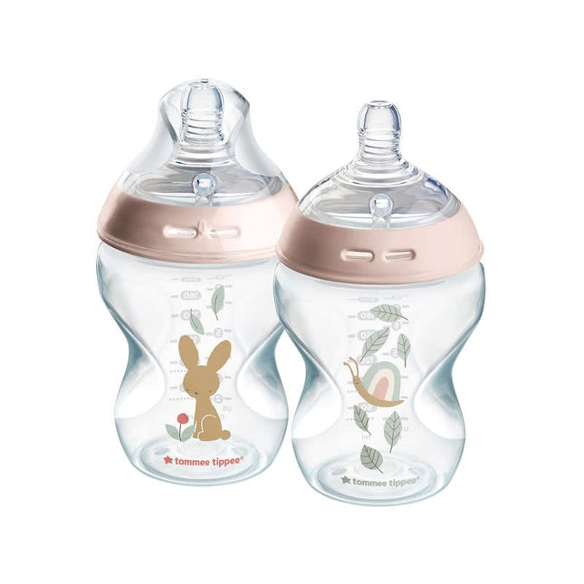 Set 2 mamaderas 260ml Natural Start Diseño Conejitos Color Rosado 0 meses+