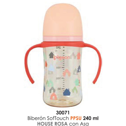 Mamadera SofTouch PPSU 240 ml House Rosa con Asas Pigeon