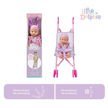 Muñeca Bebé con Carrito Plegable de Paseo Rosado Little Dolphie