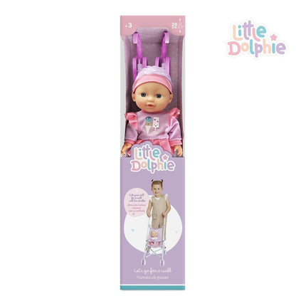 Muñeca Bebé con Carrito Plegable de Paseo Rosado Little Dolphie