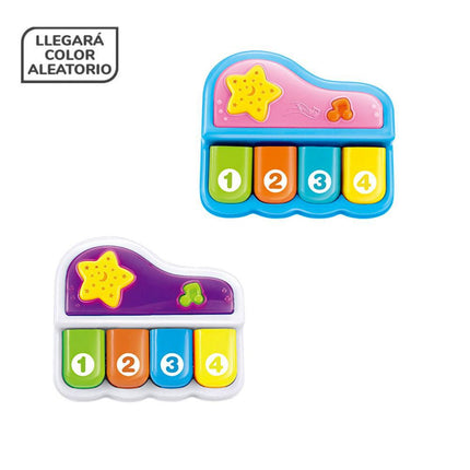 Proyector musical en forma de piano, con luces y sonidos. Disponible en azul y blanco.