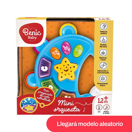 Proyector musical en forma de pandero, con luces y sonidos. Disponible en azul y blanco.