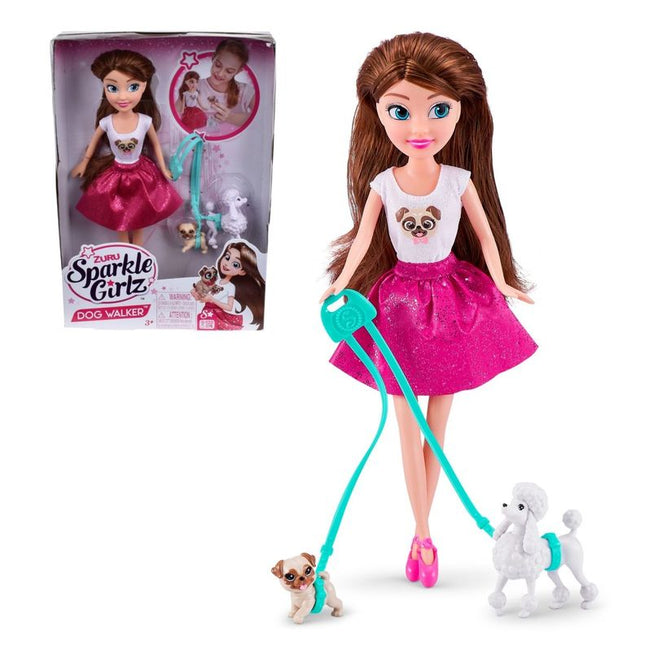 MU„ECA 27 CMS CON 2 PERROS Y CAMINADOR PARA LLEVAR SPARKLE GIRLZ DE ZURU