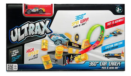 Pista de carrera con loops 360°. Incluye 1 auto y 4 barriles.