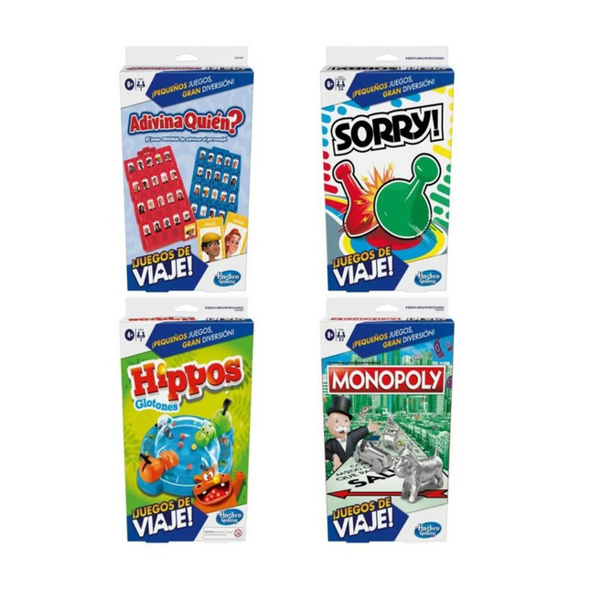 JUEGOS DE VIAJE (ADIVINA QUIÉN?, MONOPOLY, SORRY!, HIPPOS GLOTONES)