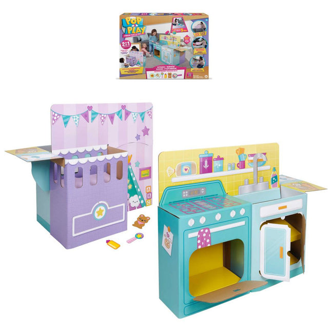 JUEGO 2 EN 1 COCINA Y PIEZA BEBE PARA INTERIOR PLEGABLE AL INSTANTE DE CARTON RESISTENTE POP TO PLAY