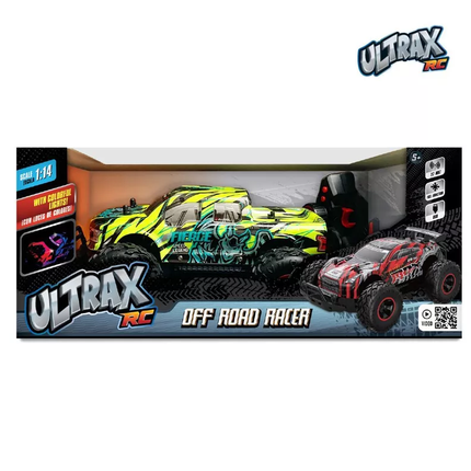 Vehículo RC escala 1:14 con luces y batería recargable.
