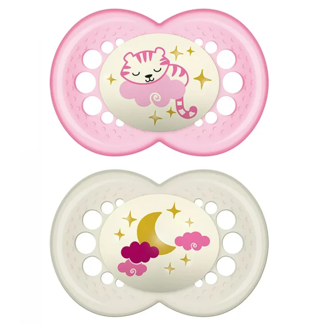 2 Chupetes Silicona Nocturnos 6 Meses Rosado