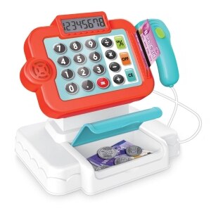 Caja registradora con luz, sonido y pilas incluidas. Disponible en rojo y azul.