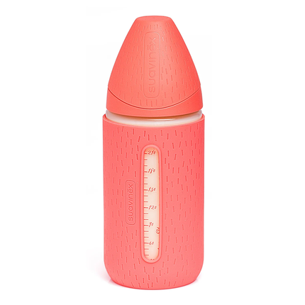 MAMADERA VIDRIO 240 ML TETINA REDONDA SILICONA + FUNDA ROSA