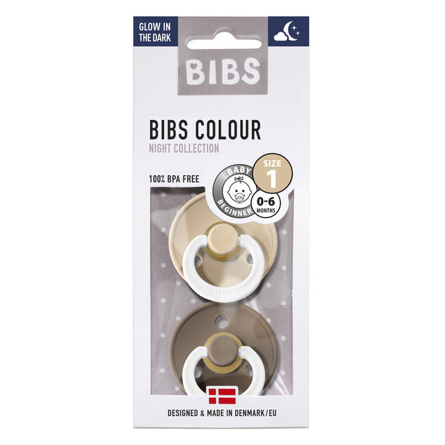 Chupete Bibs Colour Redondo X2  Talla 1 (0 - 6 meses) Vanilla & Dark Oak Glow Night