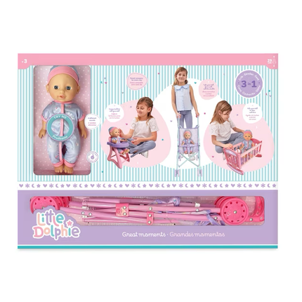 Muñeca de 29 cm con extremidades de vinilo . Emite sonidos e incluye coche metálico, silla para comer y cuna