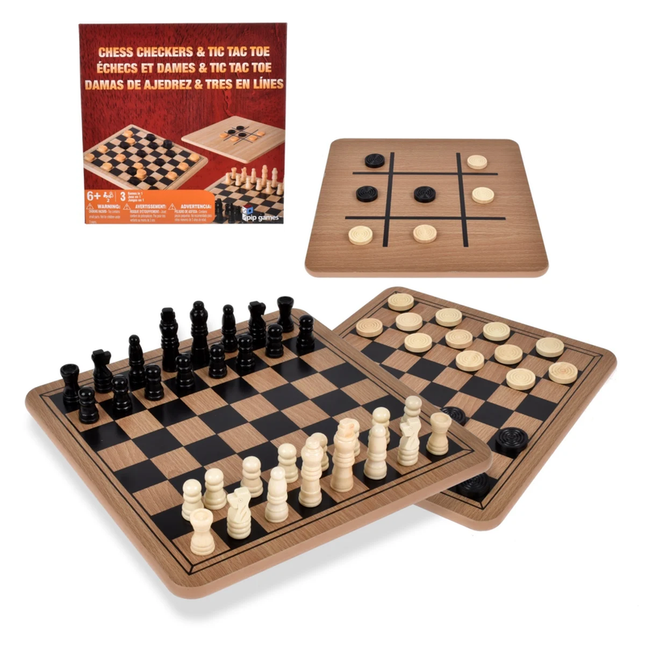 JUEGO DE MESA 3 EN 1 DE MADERA: AJEDREZ, DAMAS Y GATO