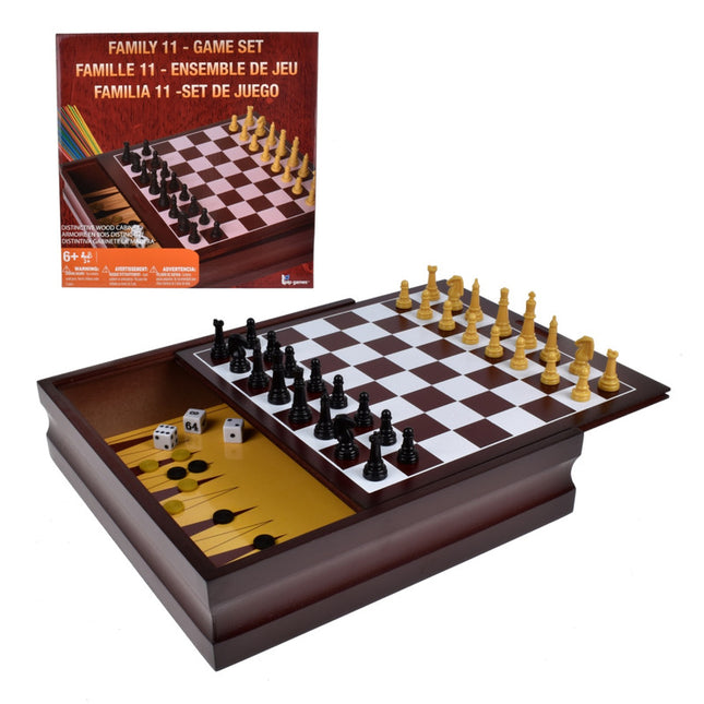PACK 11 JUEGOS DE MESA CLASICOS EN CAJA DE MADERA PARA LLEVAR