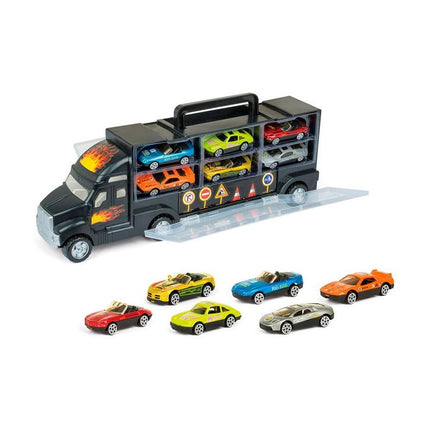 Maletín camión con ruedas libres. Incluye 6 autos y 7 accesorios.