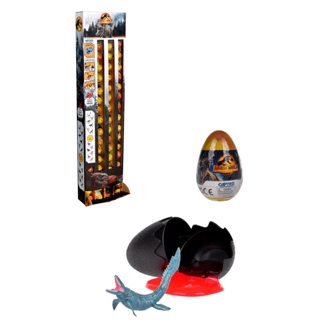 HUEVO CON DINOSAURIO, SLIME, MONEDA Y GUIA JURASSIC WORLD DOMINION (EN FSDU)