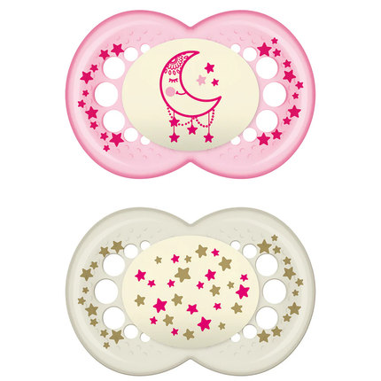 2 Chupetes Nocturnos Latex 6 Meses + Rosado
