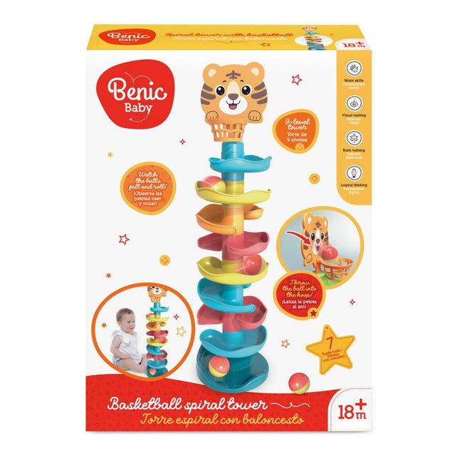 Torre espiral con 9 niveles y pelotas apilables para juego activo.