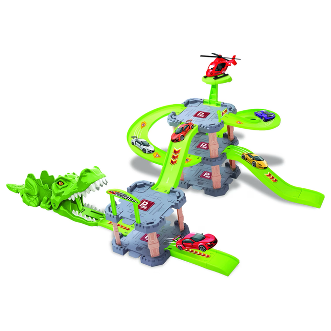 Pista de Dinosaurios con Estacionamiento 34 piezas
Incluye 6 autos y 1 helicoptero