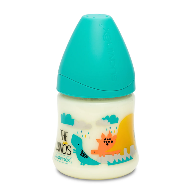 MAMADERA BA 150 ML TETINA REDONDA SILICONA DINO CELESTE +0M