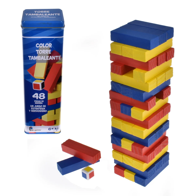 JUEGO EQUILIBRIO BLOQUES DE COLORES CON DADO EN CAJA METÁLICA