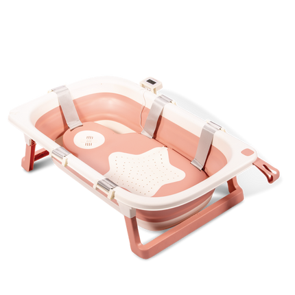 Tina baño para bebes plegable con hamaca y termometro Rosada