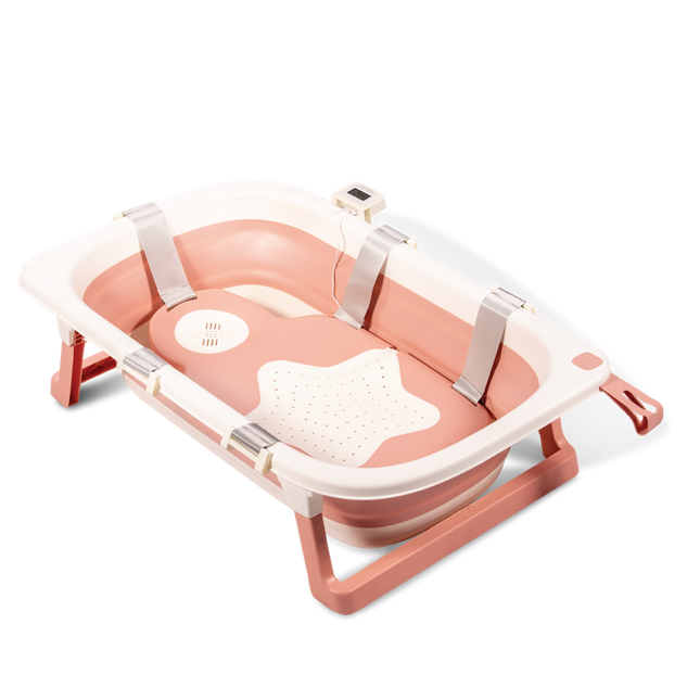 Tina baño para bebes plegable con hamaca y termometro Rosada