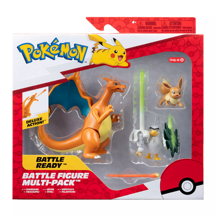 POKEMON  FIGURA PACK DE 3 EEVEE 2", SIRFETCH 3" Y CHARIZARD 4,5"