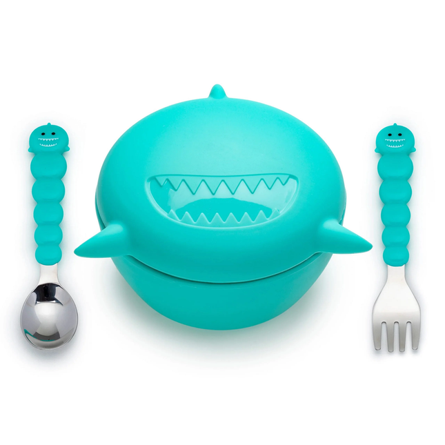 Bowl De Silicona + Cubiertos Tiburon