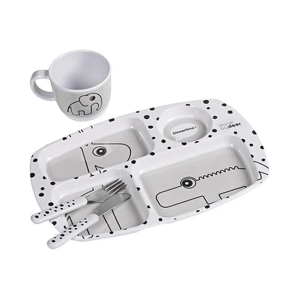Set Vajilla 2 piezas + Set de Cubiertos Happy Dots Gris