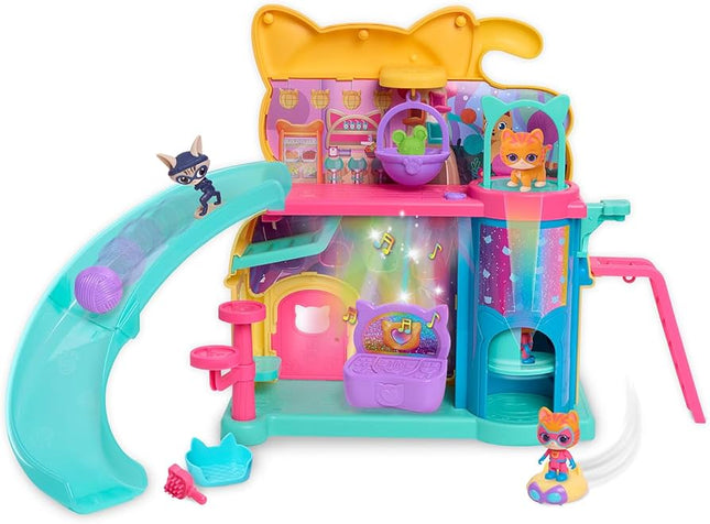 SuperKitties Purr 'N' Play Playset (35 cms de alto). Incluye 2 figuras y un villano