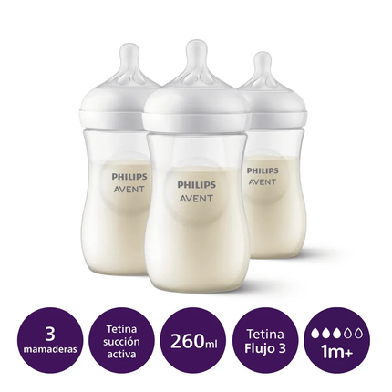 Mamadera Natural 3.0 260ml traslucida, pack 3 unidades