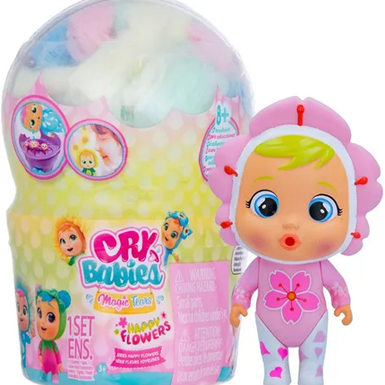 HAPPY FLOWERS, CRY BABIES SORPRESA MINI MUÑECA CON 9 ACCESORIOS